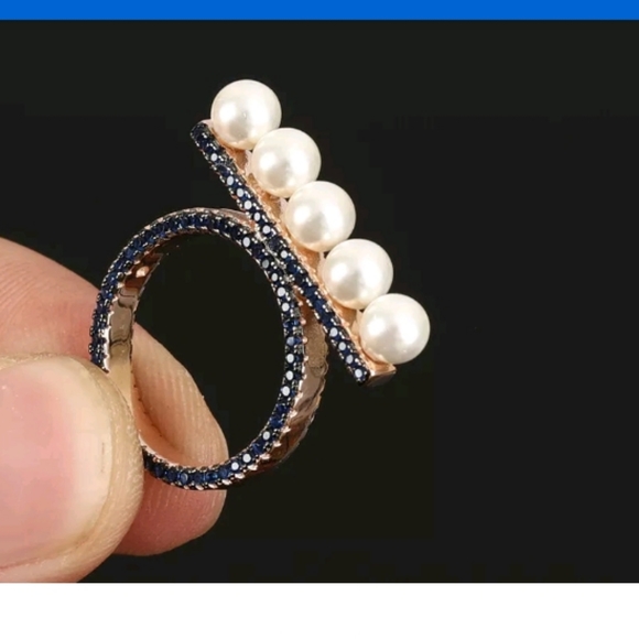 Kharma by Avelon Jewelry - Pearl bar & deep blue sapphire gold ring sz6